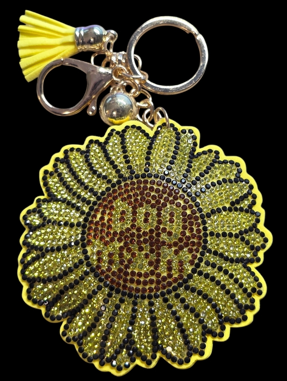 Sunflower Dog Mom Crystal Tassel Bag Charm Keychain - Yellow
